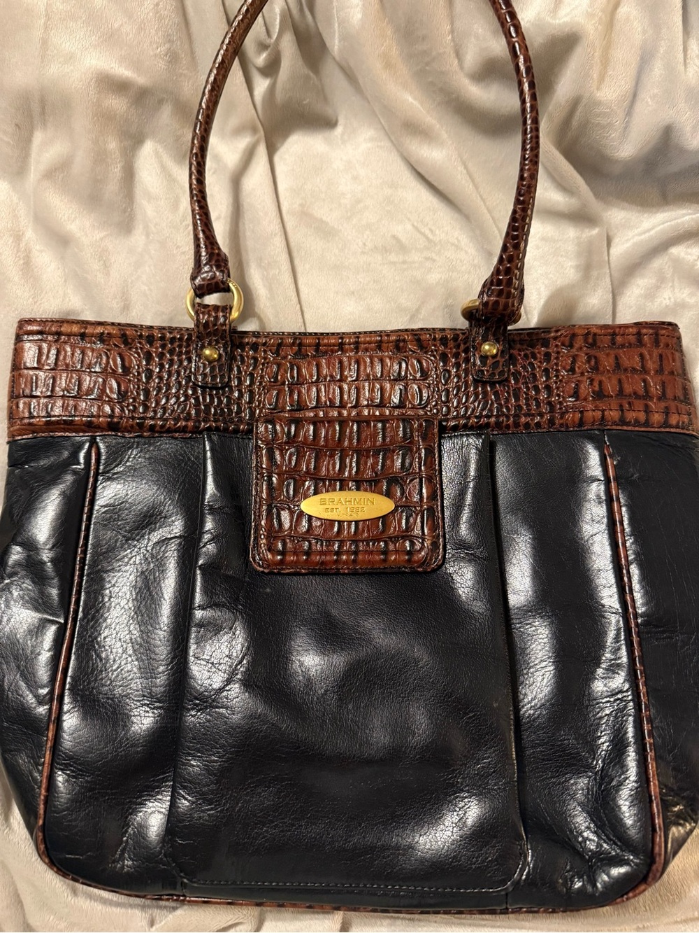 Vintage Brahmin Black Leather Tote with Brown Croc-Embossed Trim